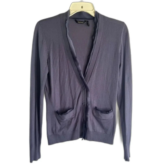 Daisy Fuentes‎ Satin Trim Long Sleeve Vneck Lightweight Cardigan Size Small - Picture 1 of 10